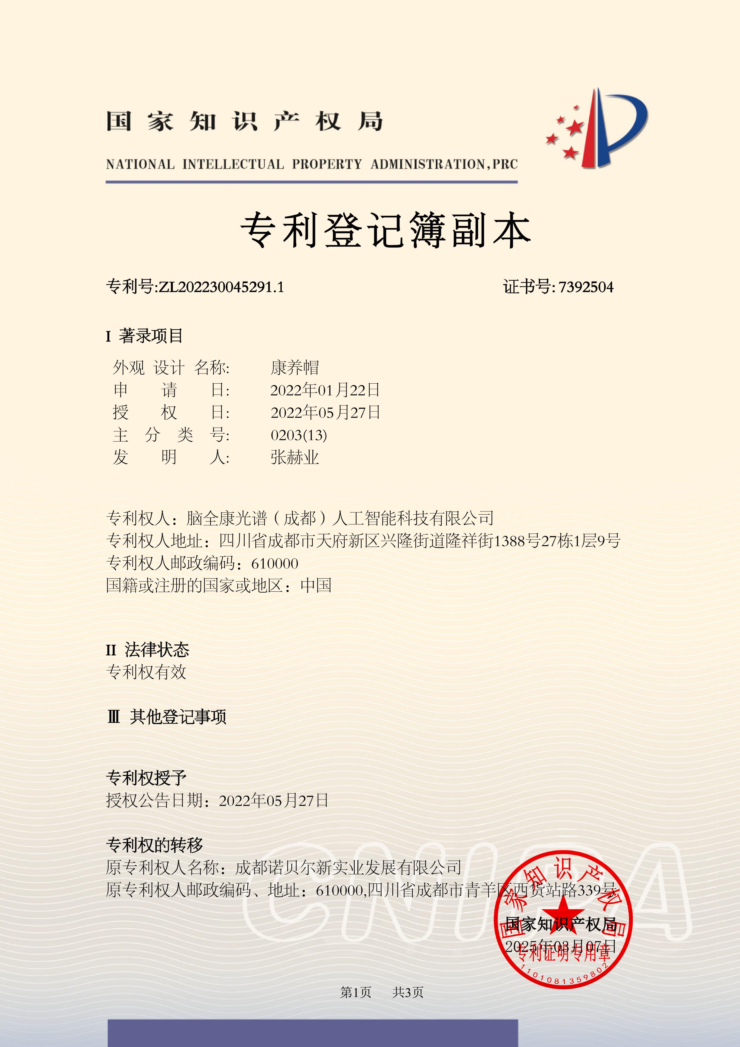 康养帽专利登记簿副本